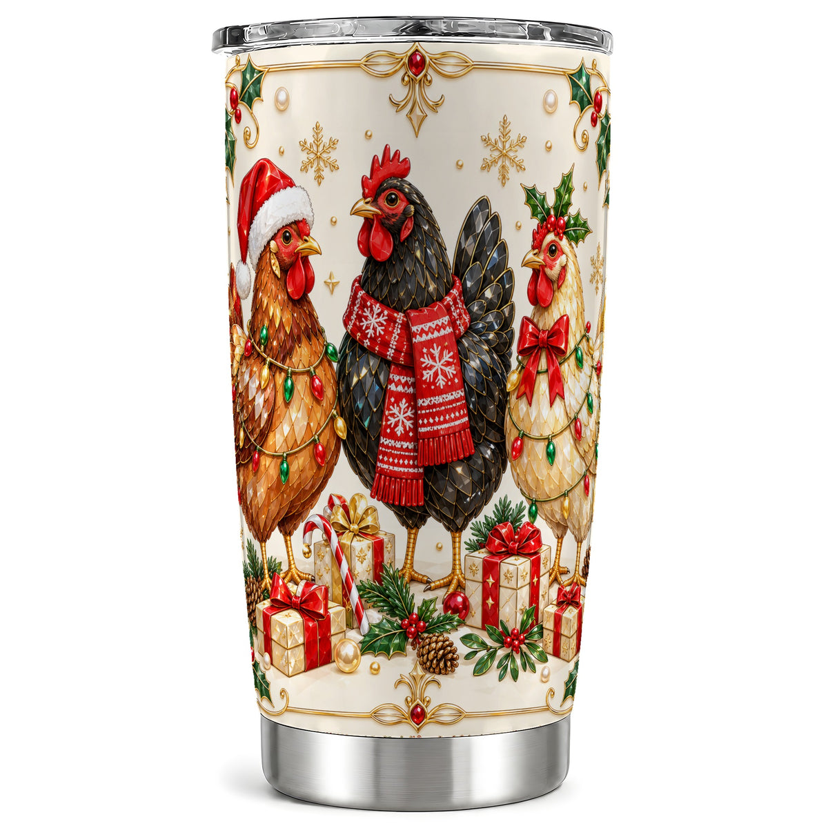 Christmas Chickens Tumbler 20oz, Holiday Hens Stainless Steel Travel Cup