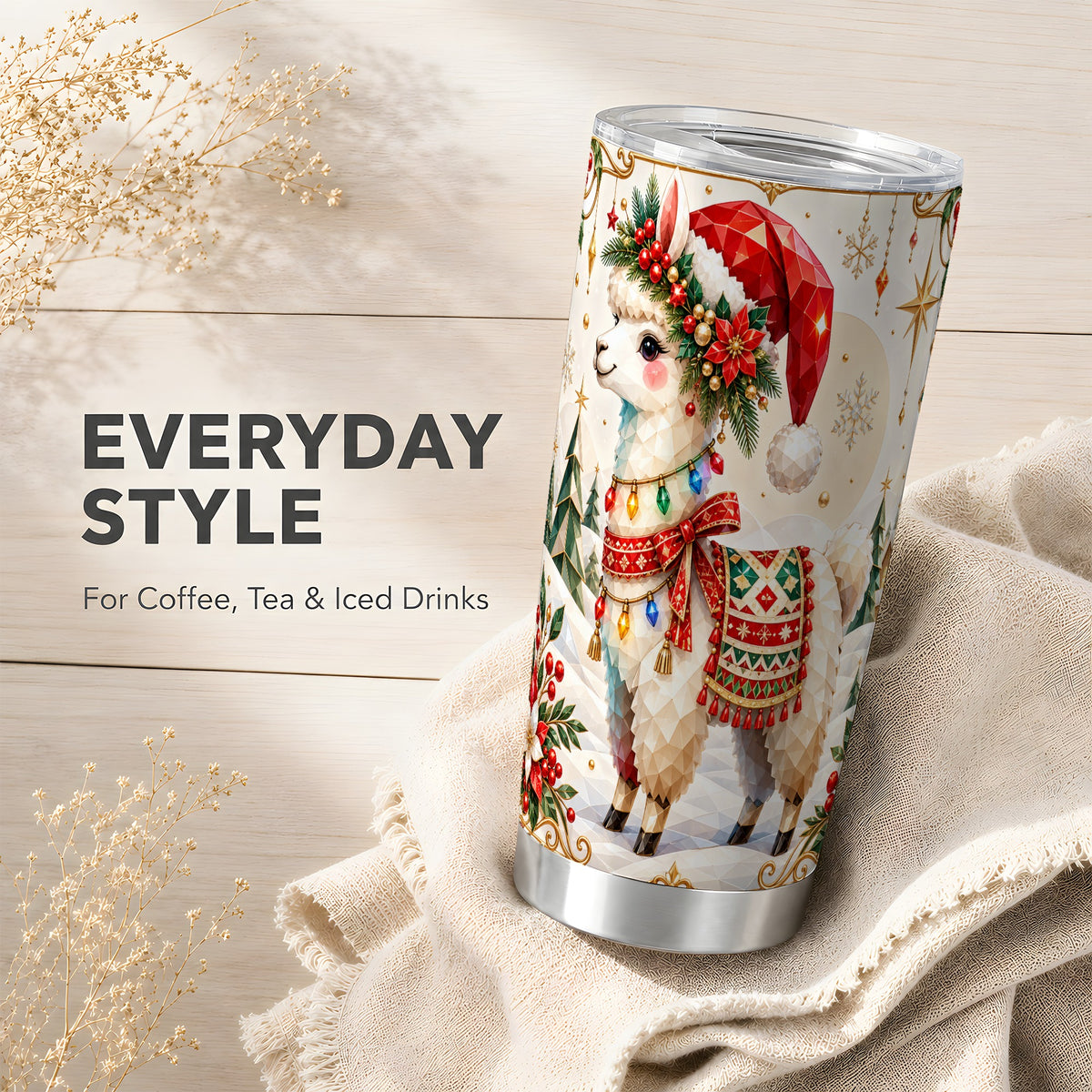 Christmas Llama Tumbler 20oz, Santa Alpaca Stainless Steel Travel Cup