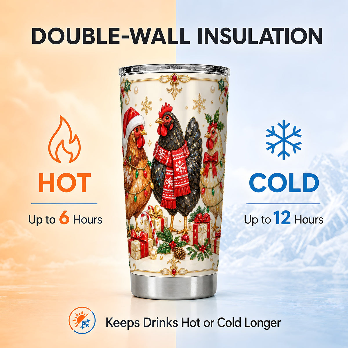 Christmas Chickens Tumbler 20oz, Holiday Hens Stainless Steel Travel Cup