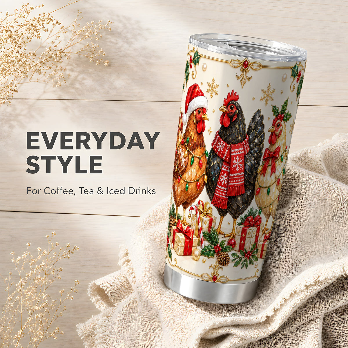 Christmas Chickens Tumbler 20oz, Holiday Hens Stainless Steel Travel Cup