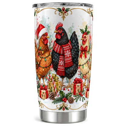Christmas Chickens Tumbler 20oz, Watercolor Hens Steel Travel Cup