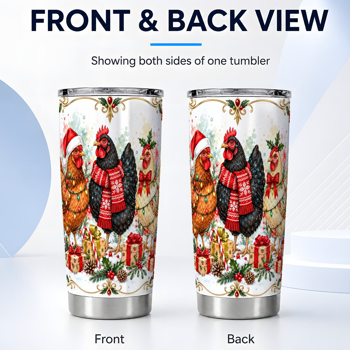 #pl[20oz|Steel] Christmas Chickens Tumbler 20oz, Watercolor Hens Steel Travel Cup