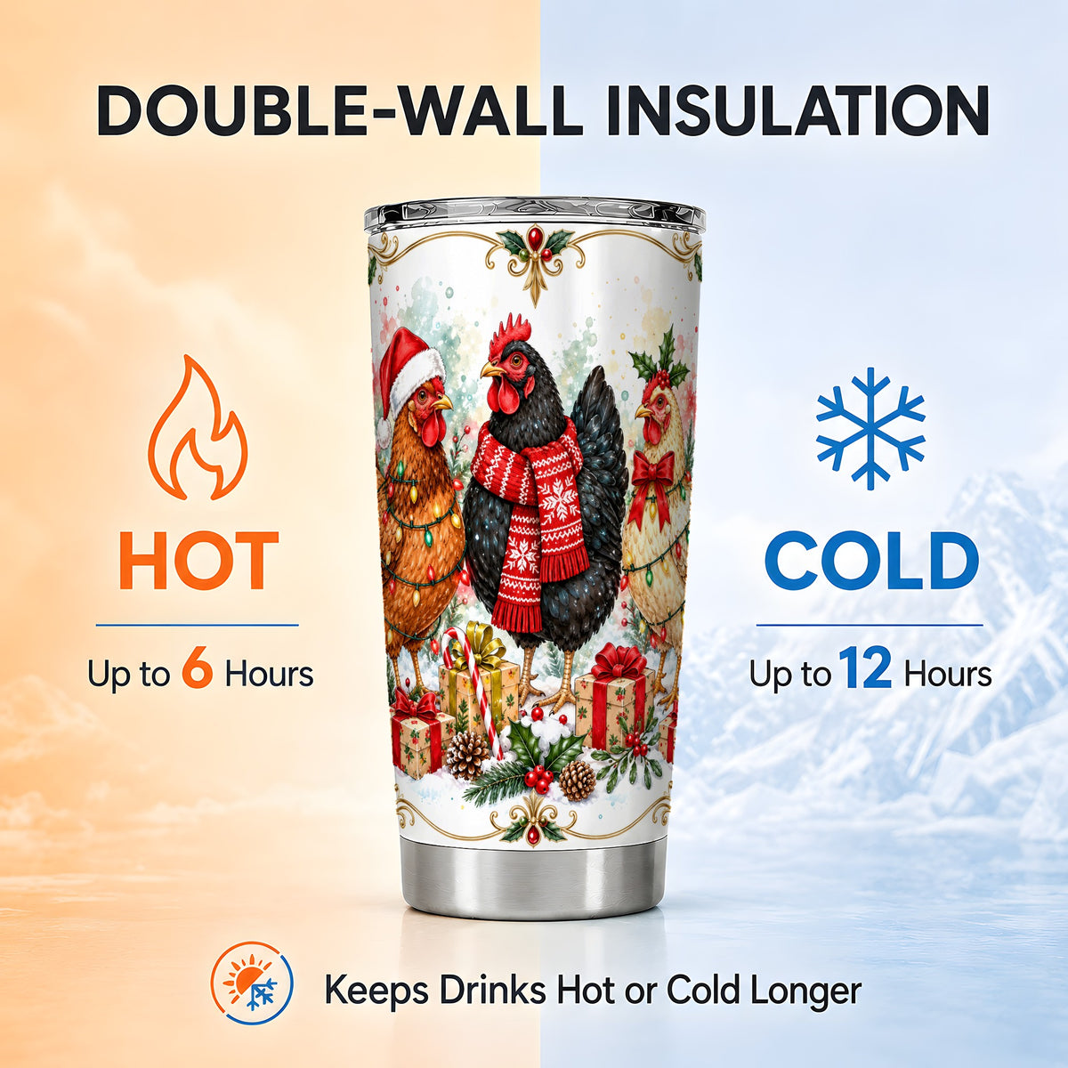Christmas Chickens Tumbler 20oz, Watercolor Hens Steel Travel Cup