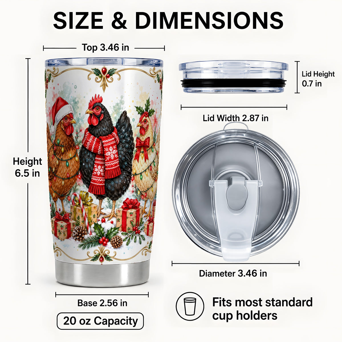 #pl[20oz|Steel] Christmas Chickens Tumbler 20oz, Watercolor Hens Steel Travel Cup
