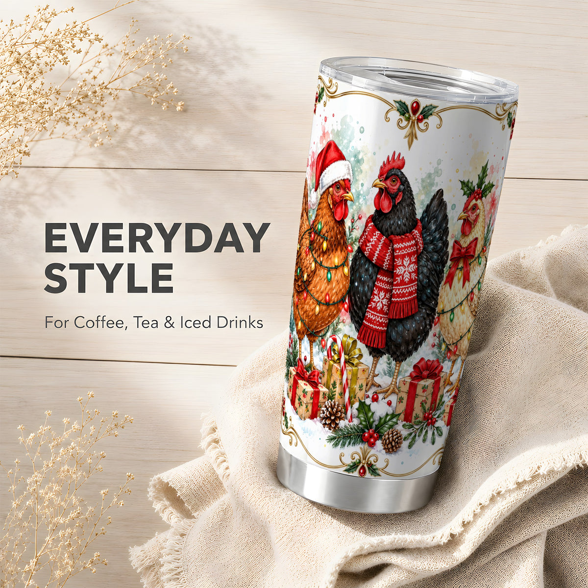 Christmas Chickens Tumbler 20oz, Watercolor Hens Steel Travel Cup