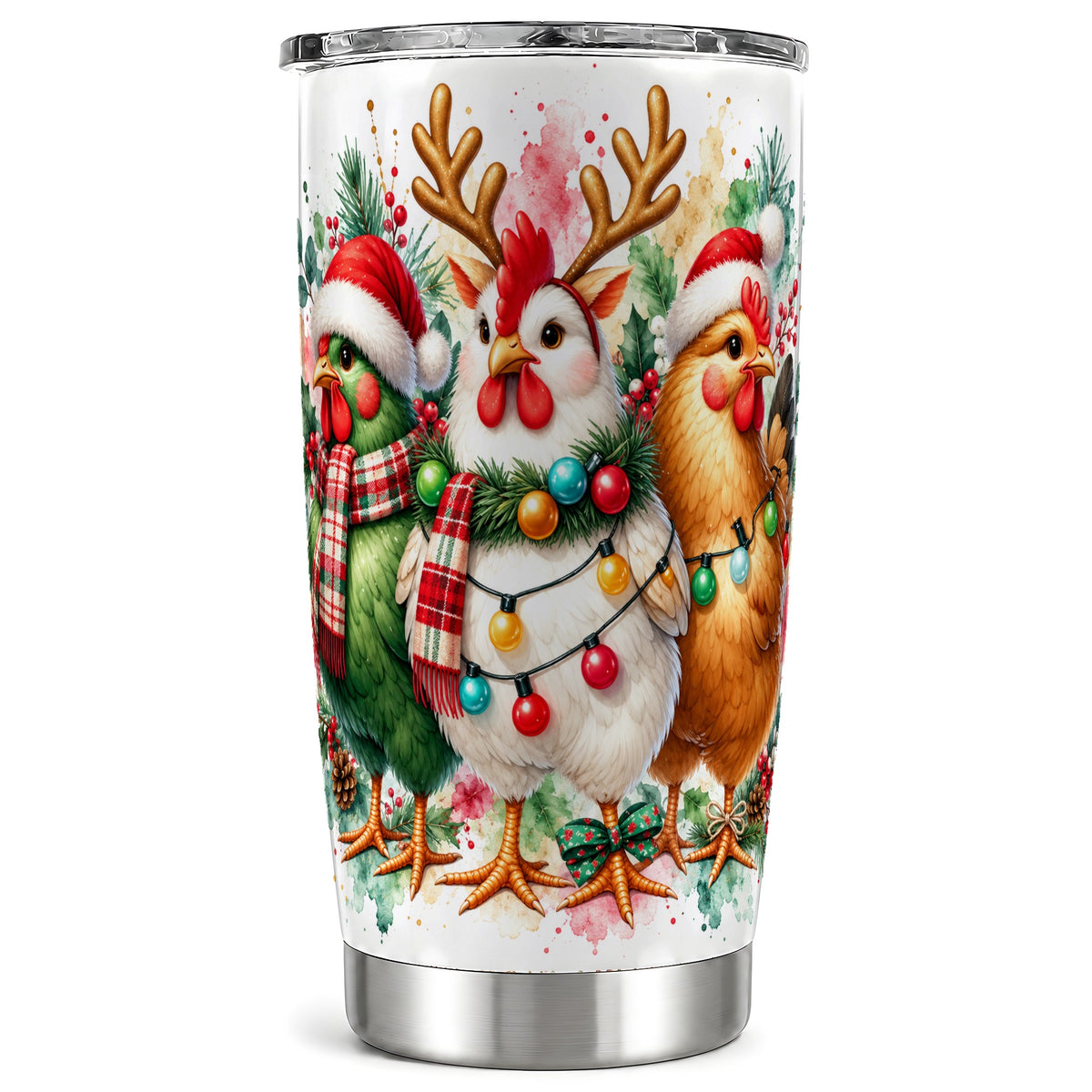 Christmas Chickens Tumbler 20oz, Watercolor Hens Steel Travel Cup