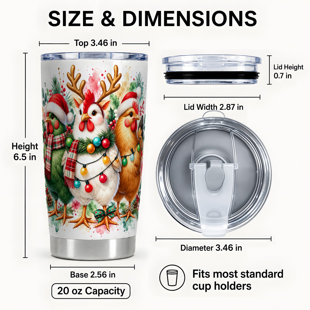 #pl[20oz|Steel] Christmas Chickens Tumbler 20oz, Watercolor Hens Steel Travel Cup