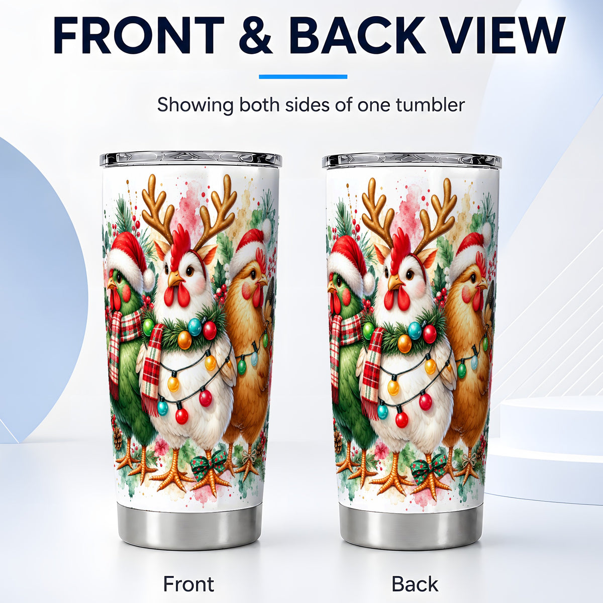 #pl[20oz|Steel] Christmas Chickens Tumbler 20oz, Watercolor Hens Steel Travel Cup