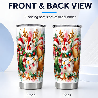 #pl[20oz|Steel] Christmas Chickens Tumbler 20oz, Watercolor Hens Steel Travel Cup
