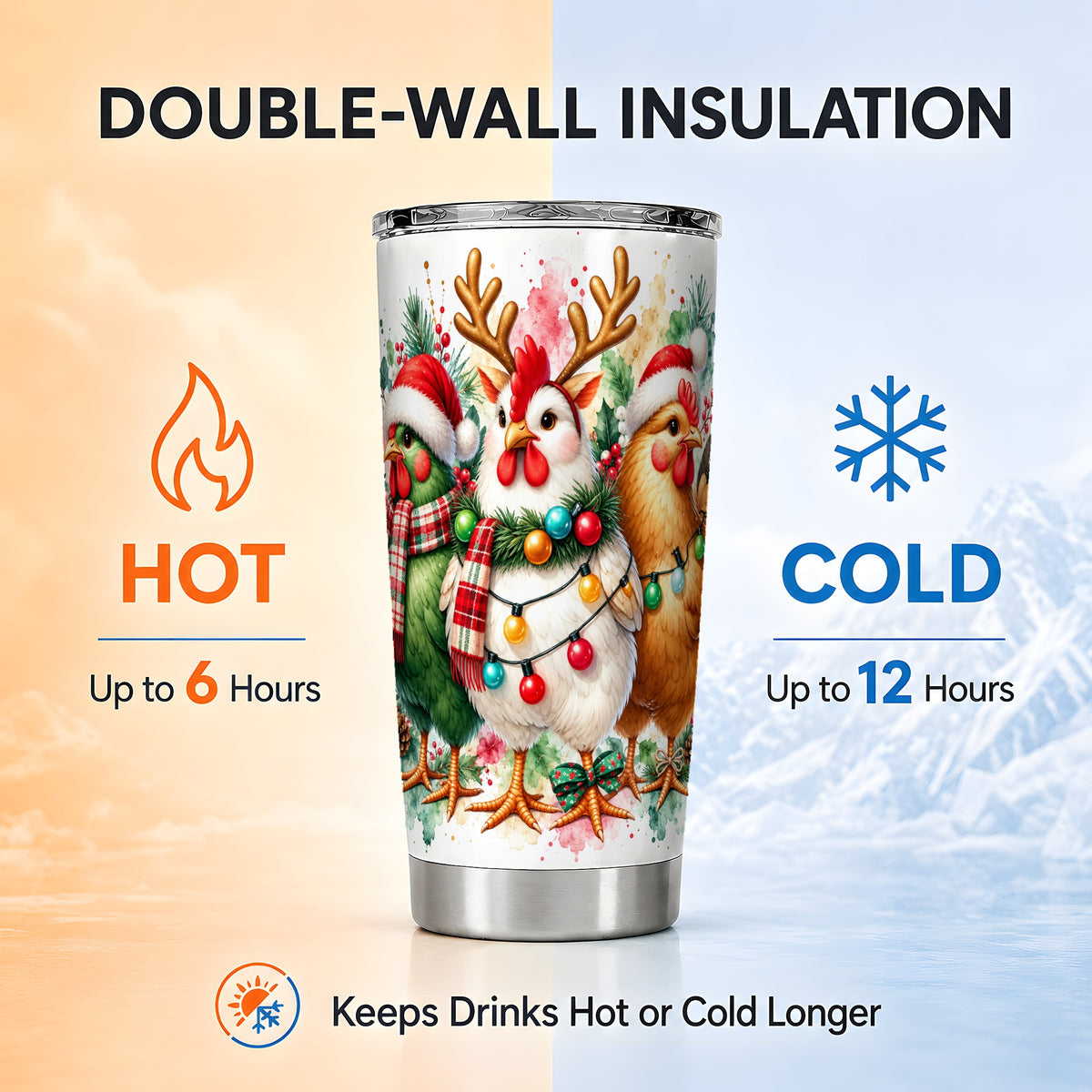 Christmas Chickens Tumbler 20oz, Watercolor Hens Steel Travel Cup