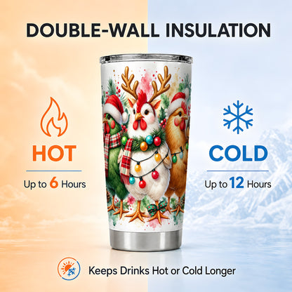 Christmas Chickens Tumbler 20oz, Watercolor Hens Steel Travel Cup