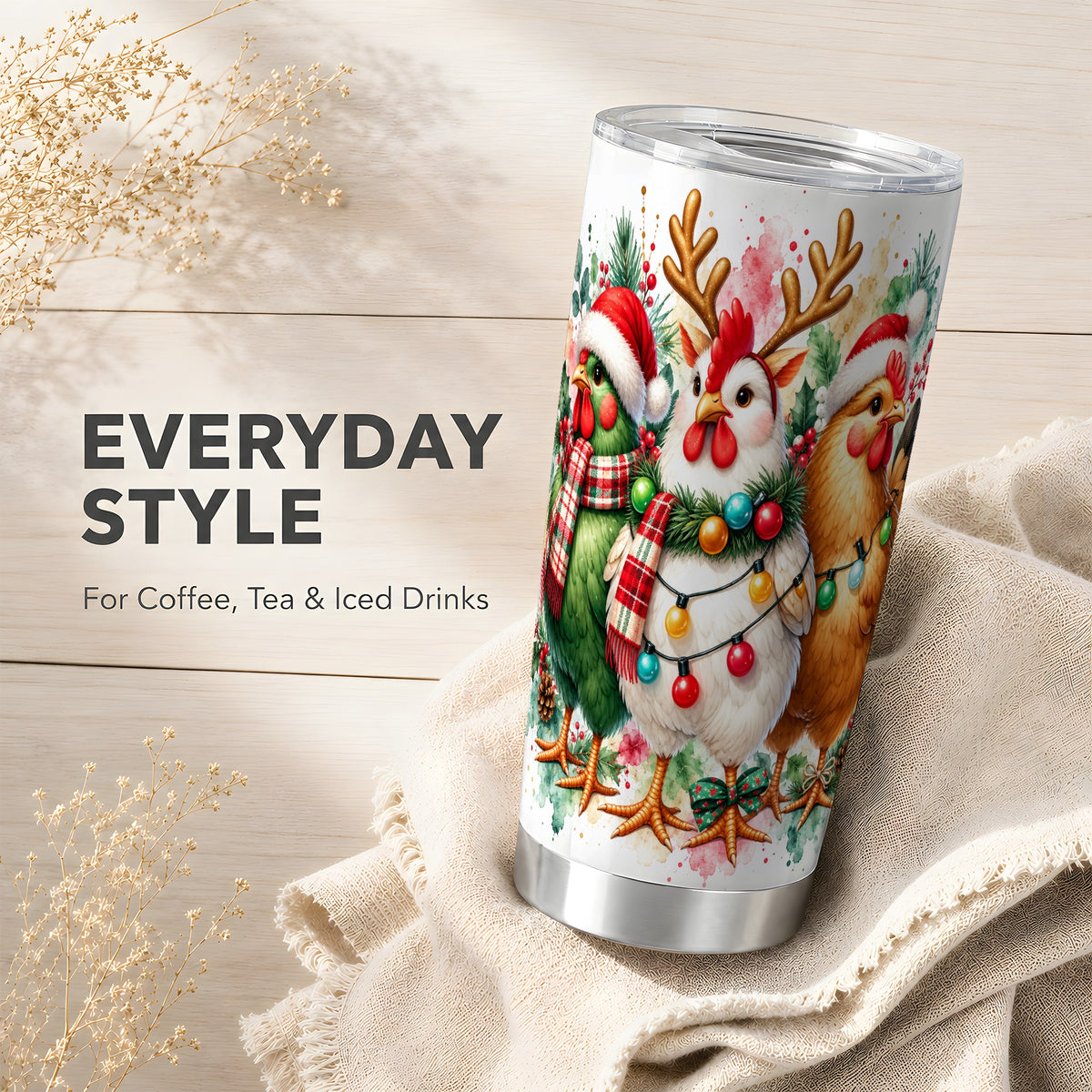 Christmas Chickens Tumbler 20oz, Watercolor Hens Steel Travel Cup
