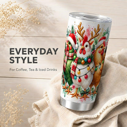 Christmas Chickens Tumbler 20oz, Watercolor Hens Steel Travel Cup