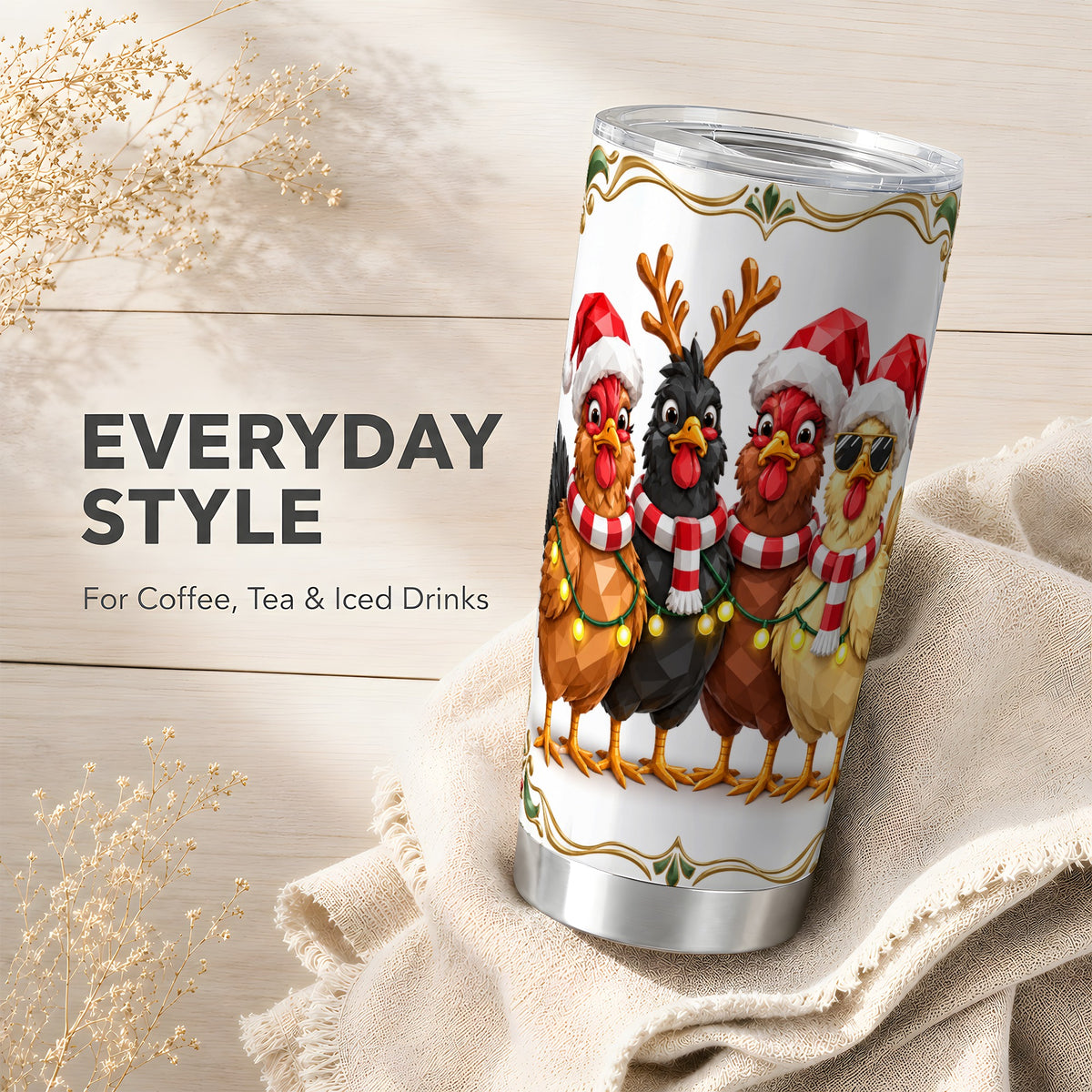 Christmas Chickens Tumbler 20oz, Holiday Hens Stainless Steel Travel Cup