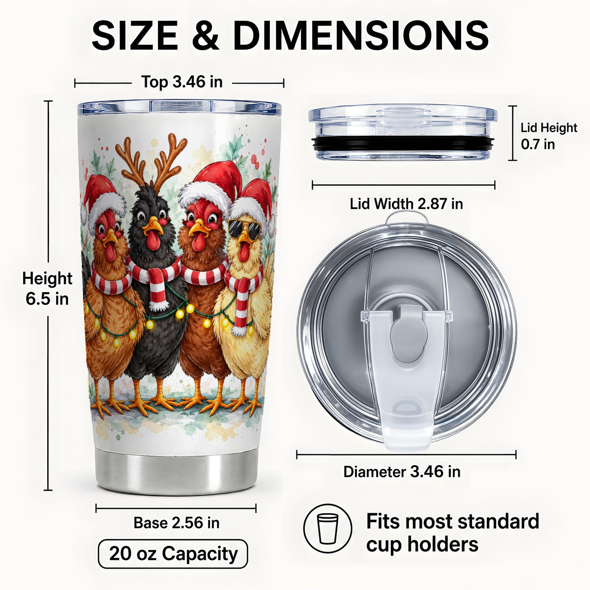 #pl[20oz|Steel] Christmas Chickens Tumbler 20oz, Watercolor Hens Stainless Steel Travel Cup