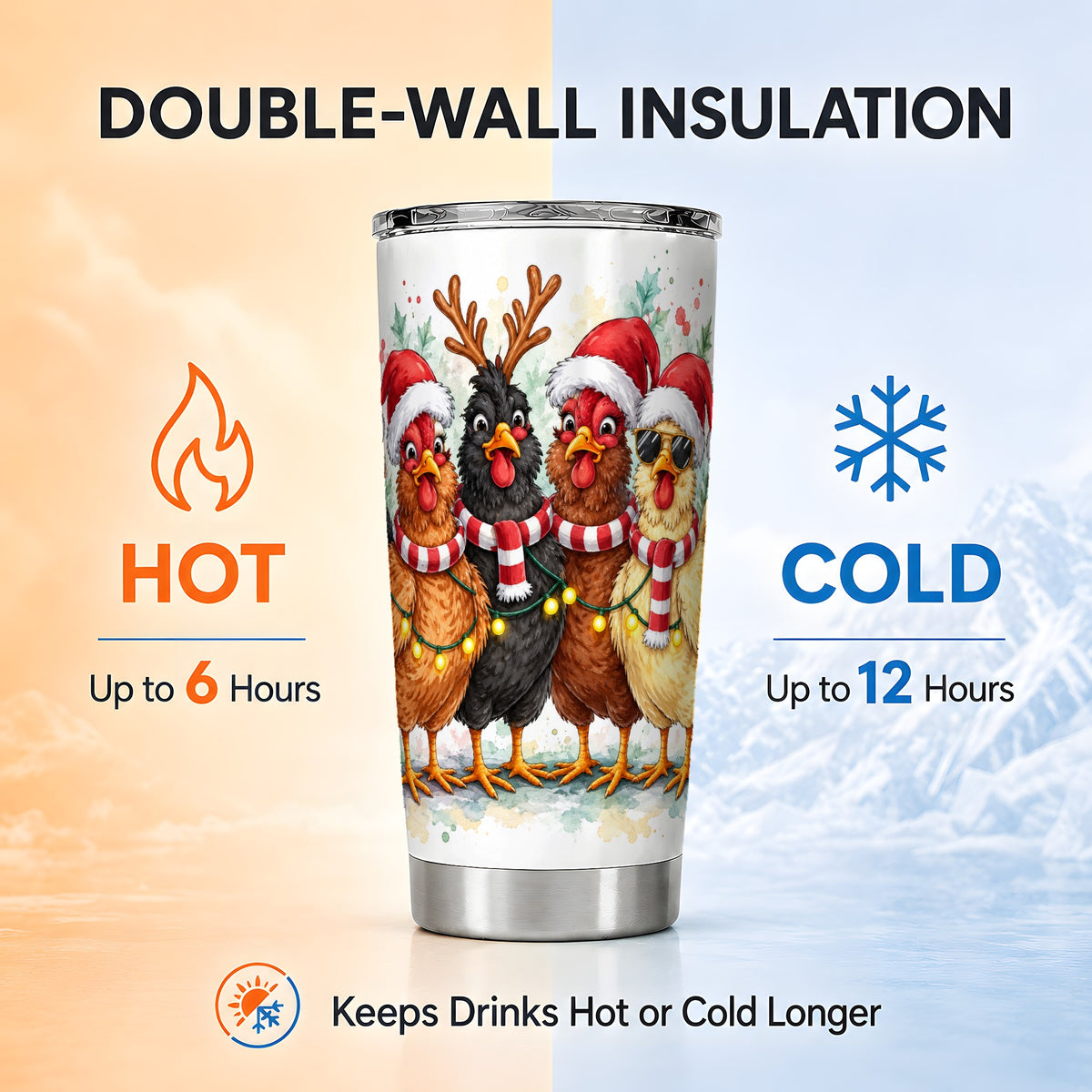 Christmas Chickens Tumbler 20oz, Watercolor Hens Stainless Steel Travel Cup