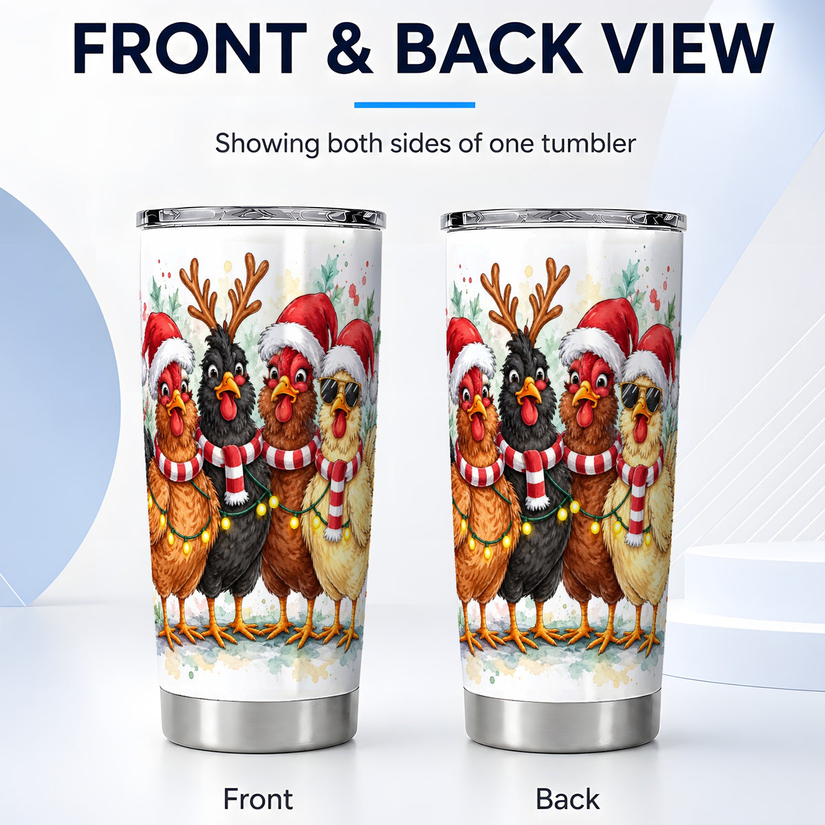 #pl[20oz|Steel] Christmas Chickens Tumbler 20oz, Watercolor Hens Stainless Steel Travel Cup