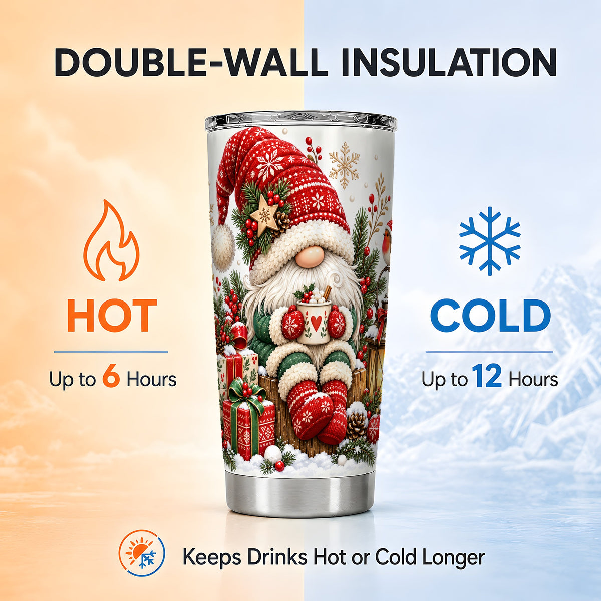 Christmas Gnome Tumbler 20oz, Cozy Winter Stainless Steel Travel Cup