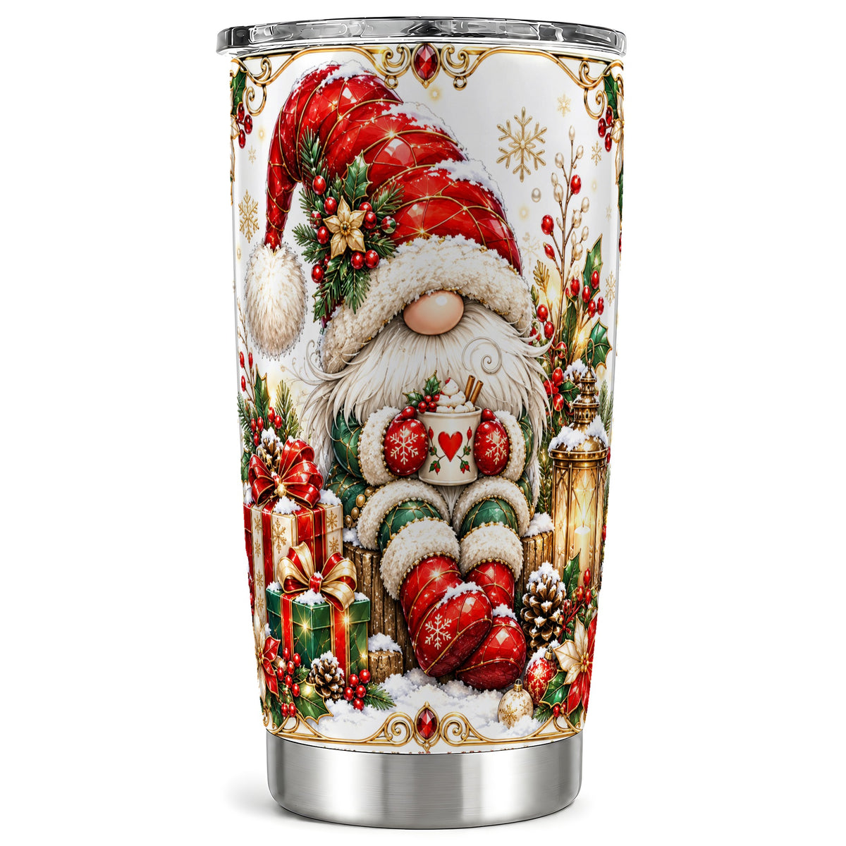 Jeweled Christmas Gnome Tumbler 20oz, Holiday Stainless Steel Travel Cup