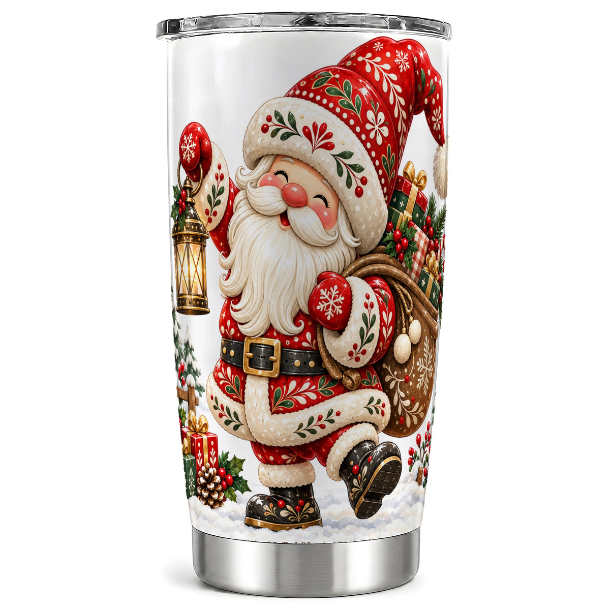 Folk Art Santa Tumbler 20oz, Christmas Stainless Steel Travel Cup