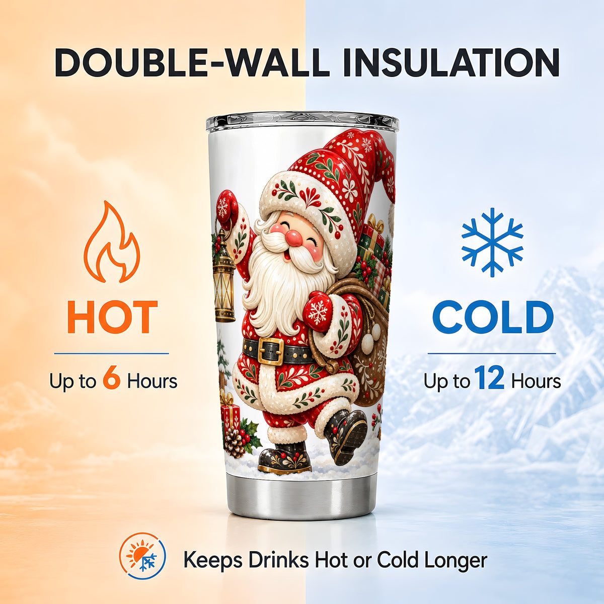 Folk Art Santa Tumbler 20oz, Christmas Stainless Steel Travel Cup