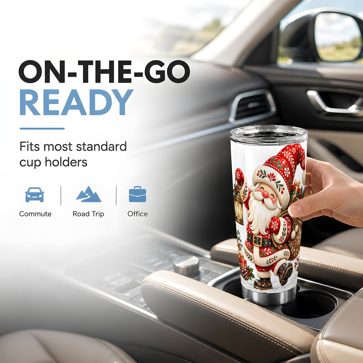 Folk Art Santa Tumbler 20oz, Christmas Stainless Steel Travel Cup