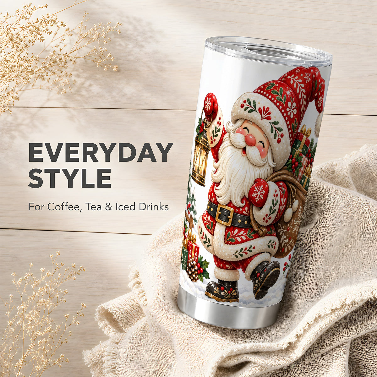 Folk Art Santa Tumbler 20oz, Christmas Stainless Steel Travel Cup