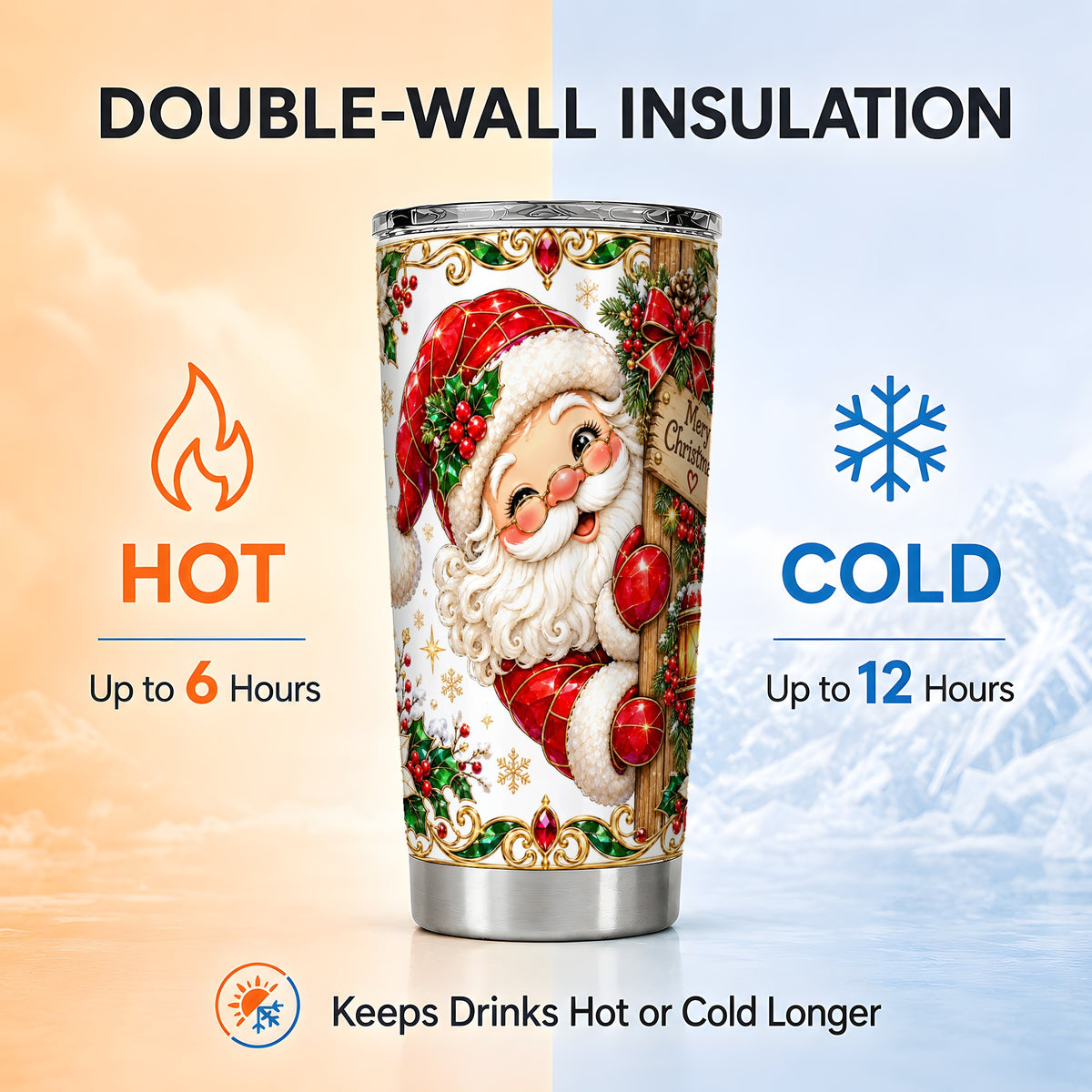 Peeking Santa Tumbler 20oz, Christmas Tumbler, Stainless Steel Travel Cup