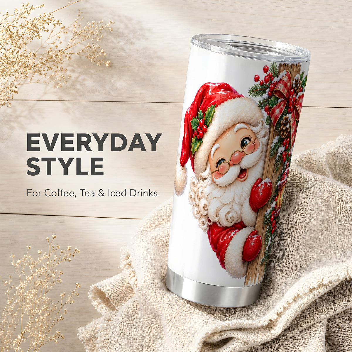 Rustic Santa Tumbler 20oz, Christmas Tumbler, Stainless Steel Travel Cup