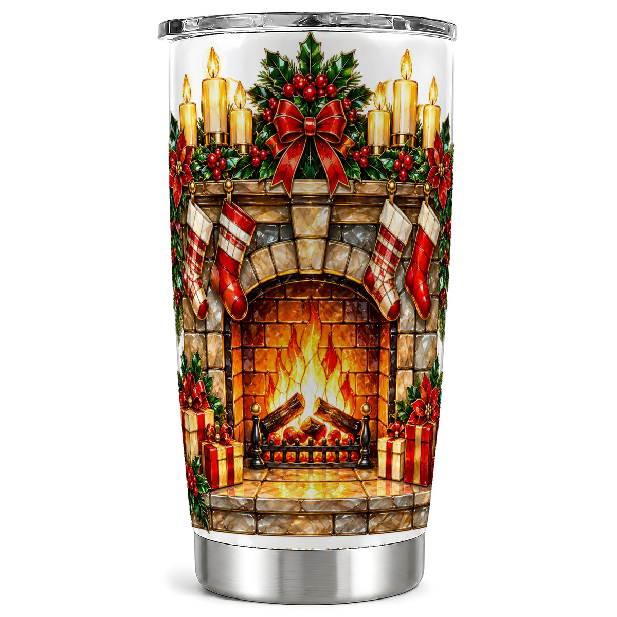 Christmas Fireplace Tumbler 20oz, Holiday Tumbler, Stainless Steel Cup
