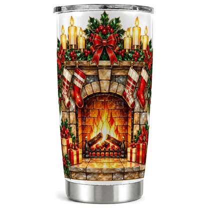 Christmas Fireplace Tumbler 20oz, Holiday Tumbler, Stainless Steel Cup