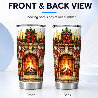 #pl[20oz|Steel] Christmas Fireplace Tumbler 20oz, Holiday Tumbler, Stainless Steel Cup