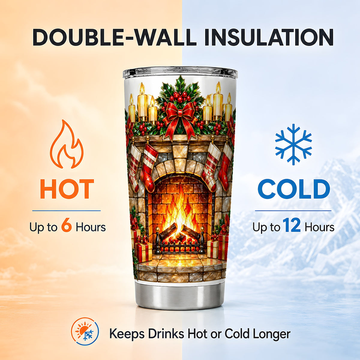 Christmas Fireplace Tumbler 20oz, Holiday Tumbler, Stainless Steel Cup