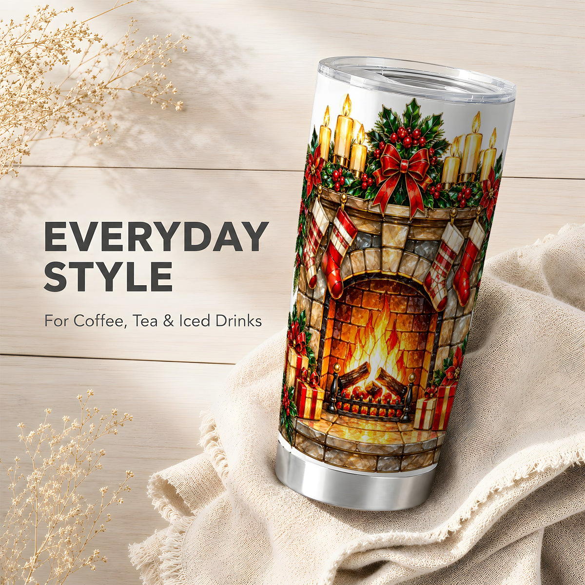 Christmas Fireplace Tumbler 20oz, Holiday Tumbler, Stainless Steel Cup