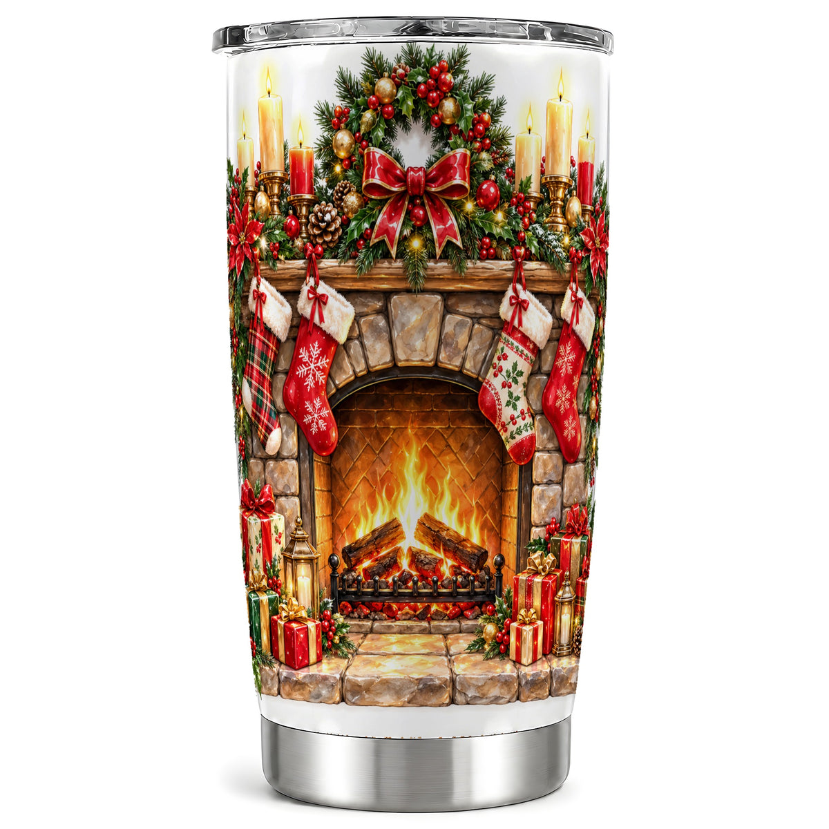 Cozy Fireplace Tumbler 20oz, Christmas Tumbler, Stainless Steel Travel Cup