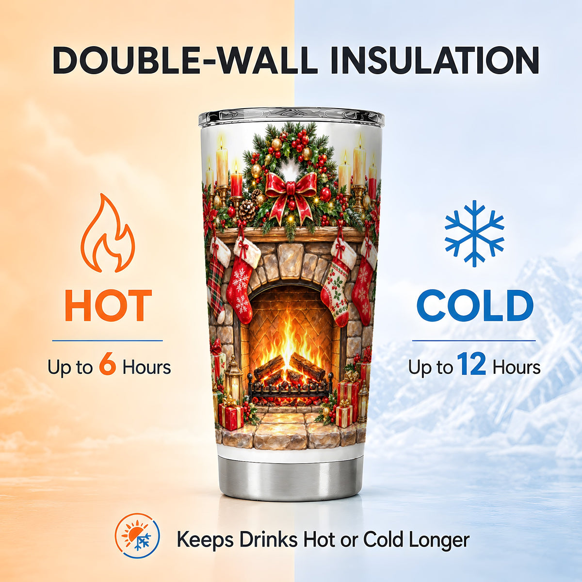 Cozy Fireplace Tumbler 20oz, Christmas Tumbler, Stainless Steel Travel Cup