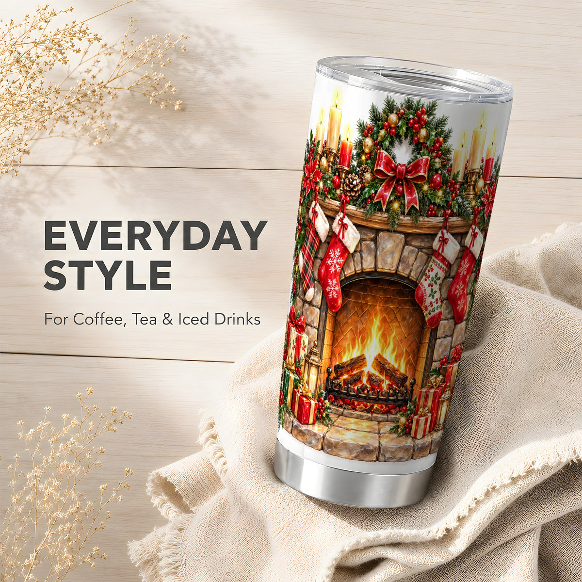 Cozy Fireplace Tumbler 20oz, Christmas Tumbler, Stainless Steel Travel Cup