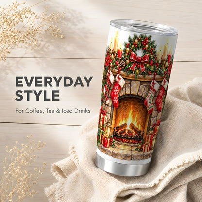 Cozy Fireplace Tumbler 20oz, Christmas Tumbler, Stainless Steel Travel Cup