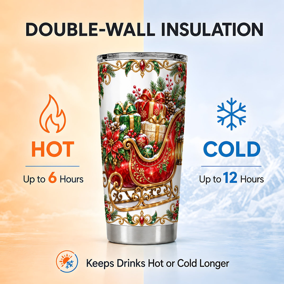 Christmas Sleigh Tumbler 20oz, Holiday Tumbler, Stainless Steel Travel Cup