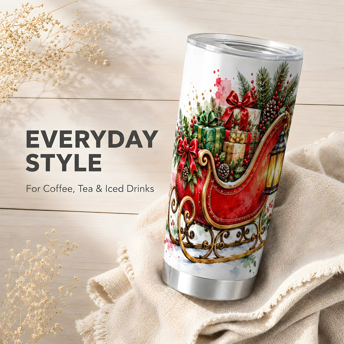 Vintage Sleigh Tumbler 20oz, Christmas Tumbler, Stainless Steel Travel Cup