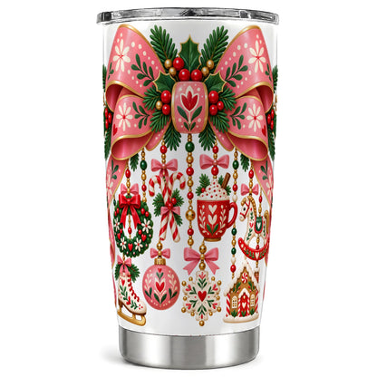 Pink Bow Tumbler 20oz, Nordic Christmas Tumbler, Stainless Steel Travel Cup
