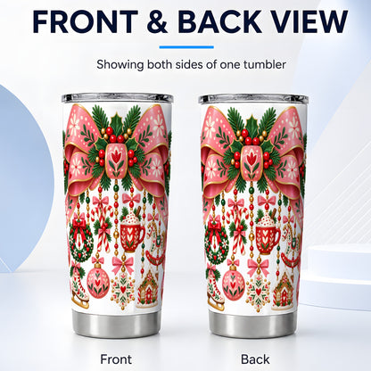 #pl[20oz|Steel] Pink Bow Tumbler 20oz, Nordic Christmas Tumbler, Stainless Steel Travel Cup