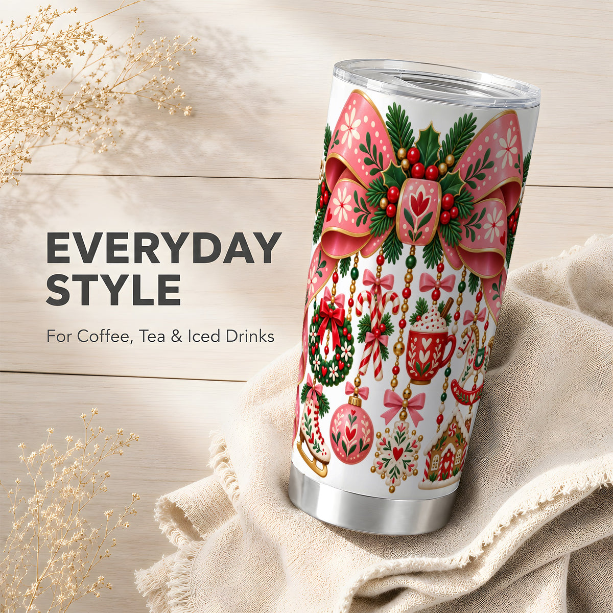 Pink Bow Tumbler 20oz, Nordic Christmas Tumbler, Stainless Steel Travel Cup