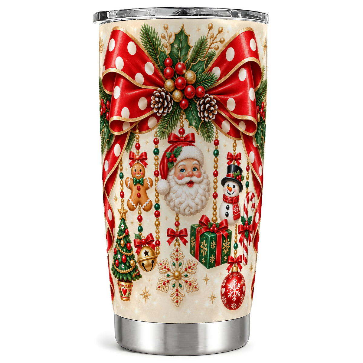 Christmas Bow Tumbler 20oz, Santa Tumbler, Stainless Steel Travel Cup