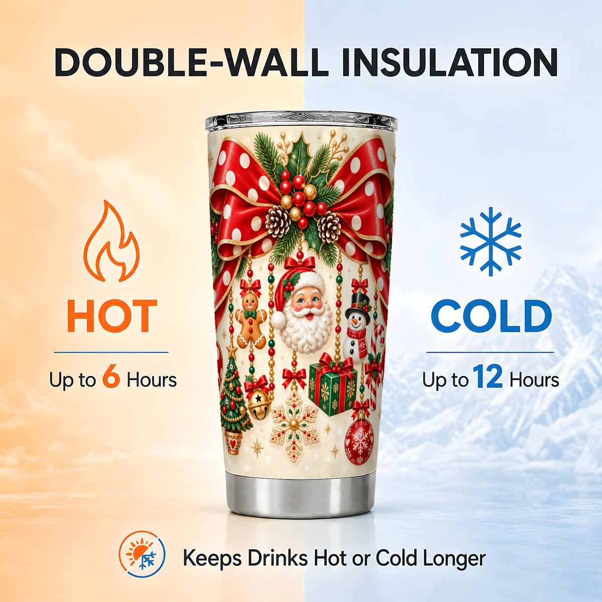 Christmas Bow Tumbler 20oz, Santa Tumbler, Stainless Steel Travel Cup