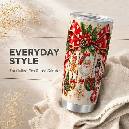 Christmas Bow Tumbler 20oz, Santa Tumbler, Stainless Steel Travel Cup