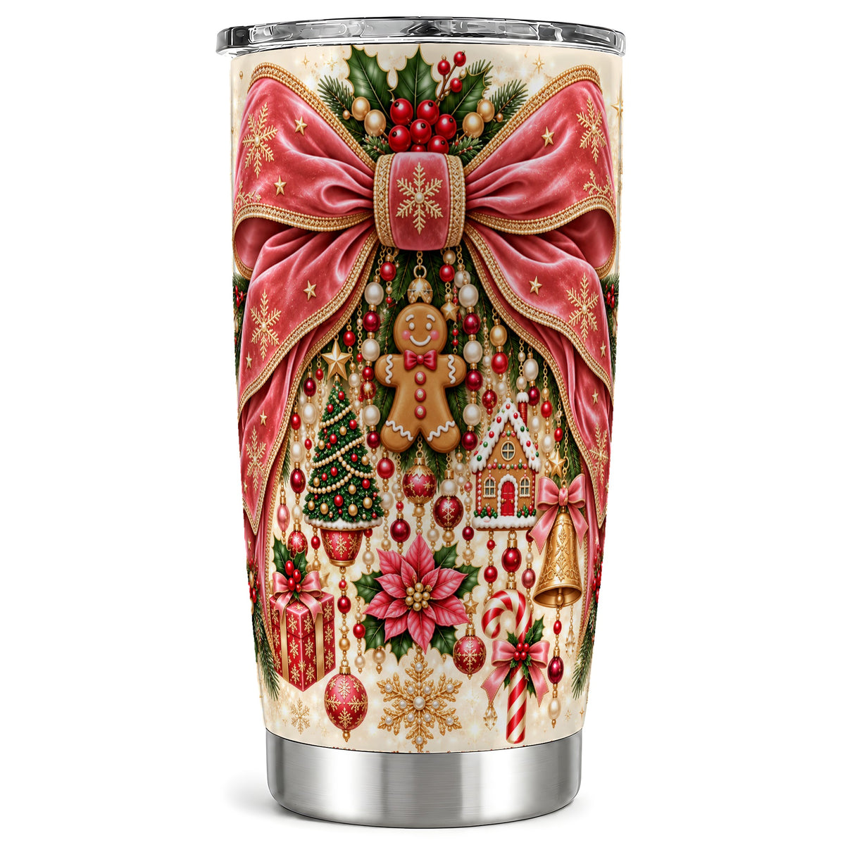 Christmas Bow Tumbler 20oz, Festive Ribbon Stainless Steel Travel Cup