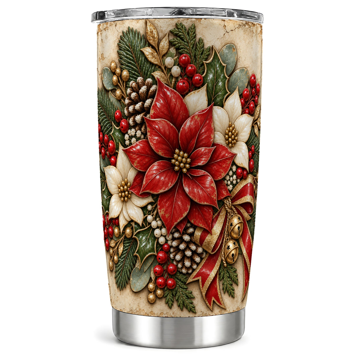 Vintage Poinsettia Tumbler 20oz, Floral Stainless Steel Travel Cup