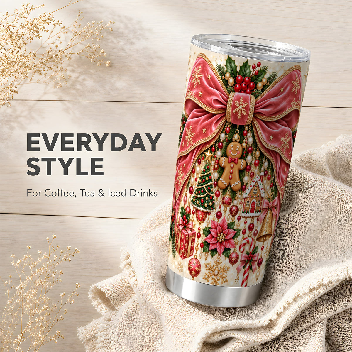 Christmas Bow Tumbler 20oz, Festive Ribbon Stainless Steel Travel Cup