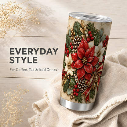 Vintage Poinsettia Tumbler 20oz, Floral Stainless Steel Travel Cup